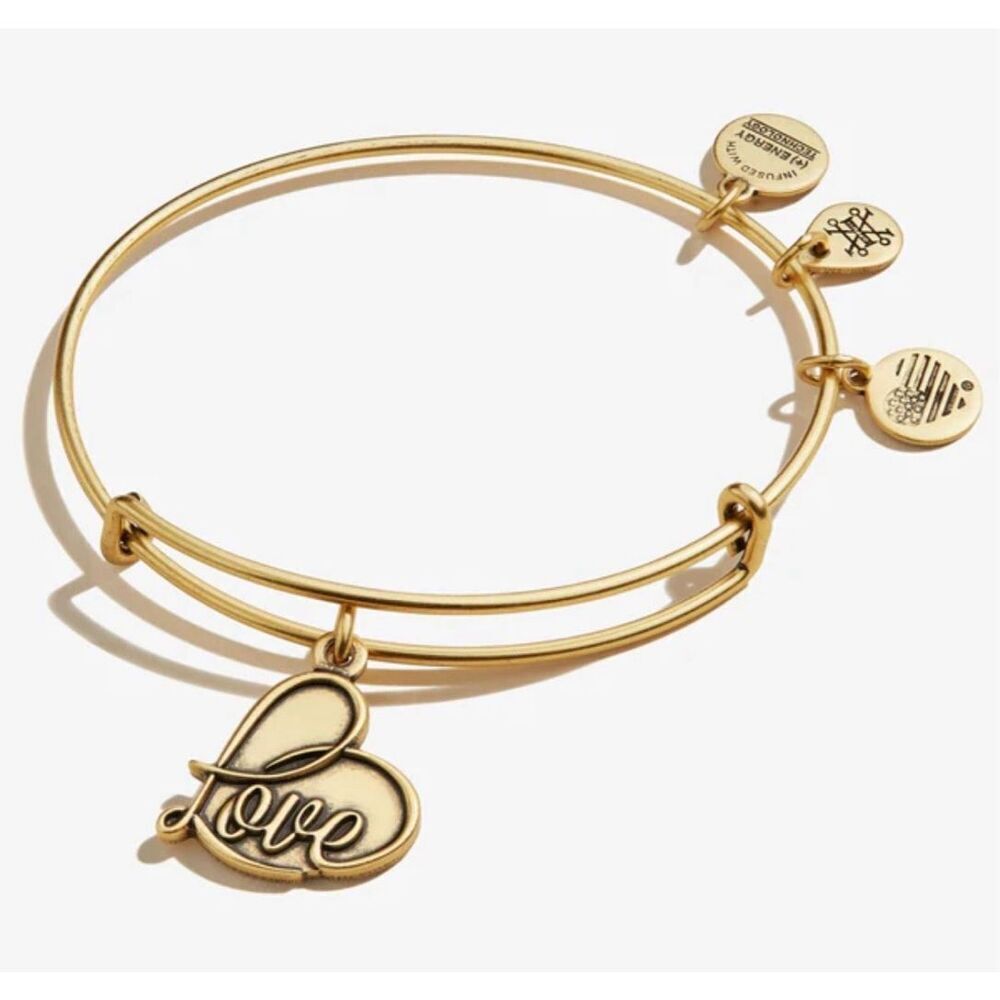 Alex and Ani love  charm  gold tone bangle bracelet